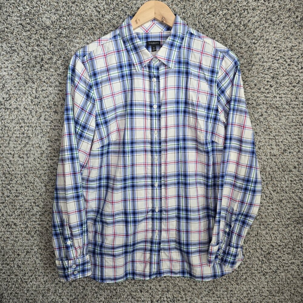 Talbots Top Womens Medium Blue Plaid Button Up Long Sleeve Cotton Blend Casual